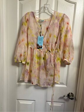 Pastel Watercolor Tie-Waist Wrap Blouse